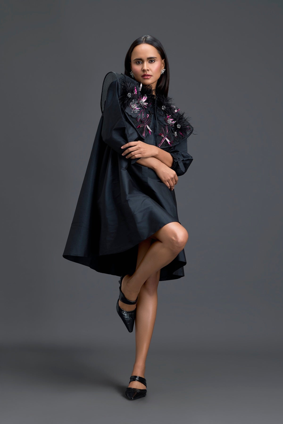 Black A-Line Dress with Feather Crystal Collar