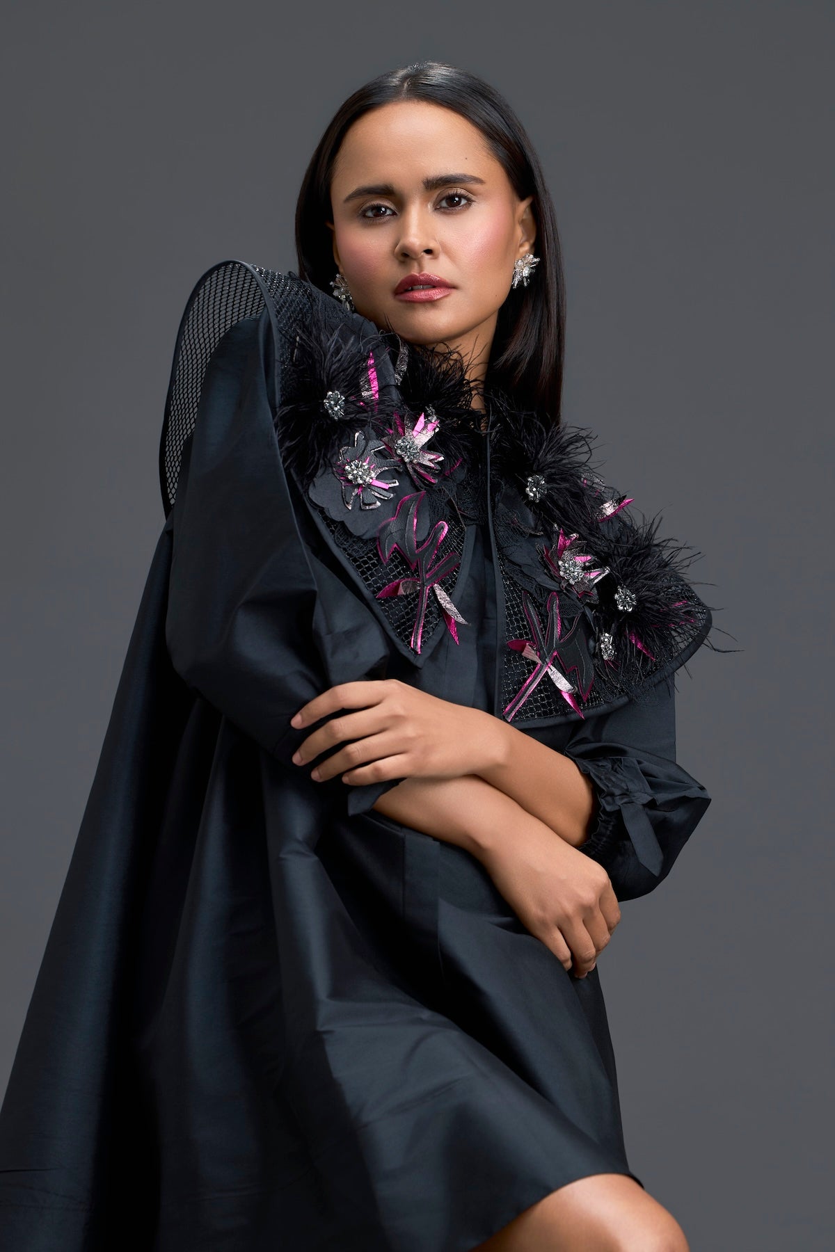 Black A-Line Dress with Feather Crystal Collar