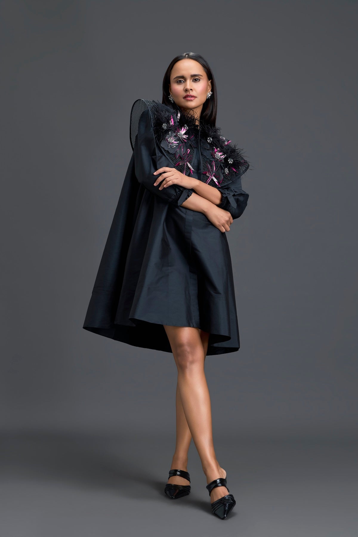 Black A-Line Dress with Feather Crystal Collar