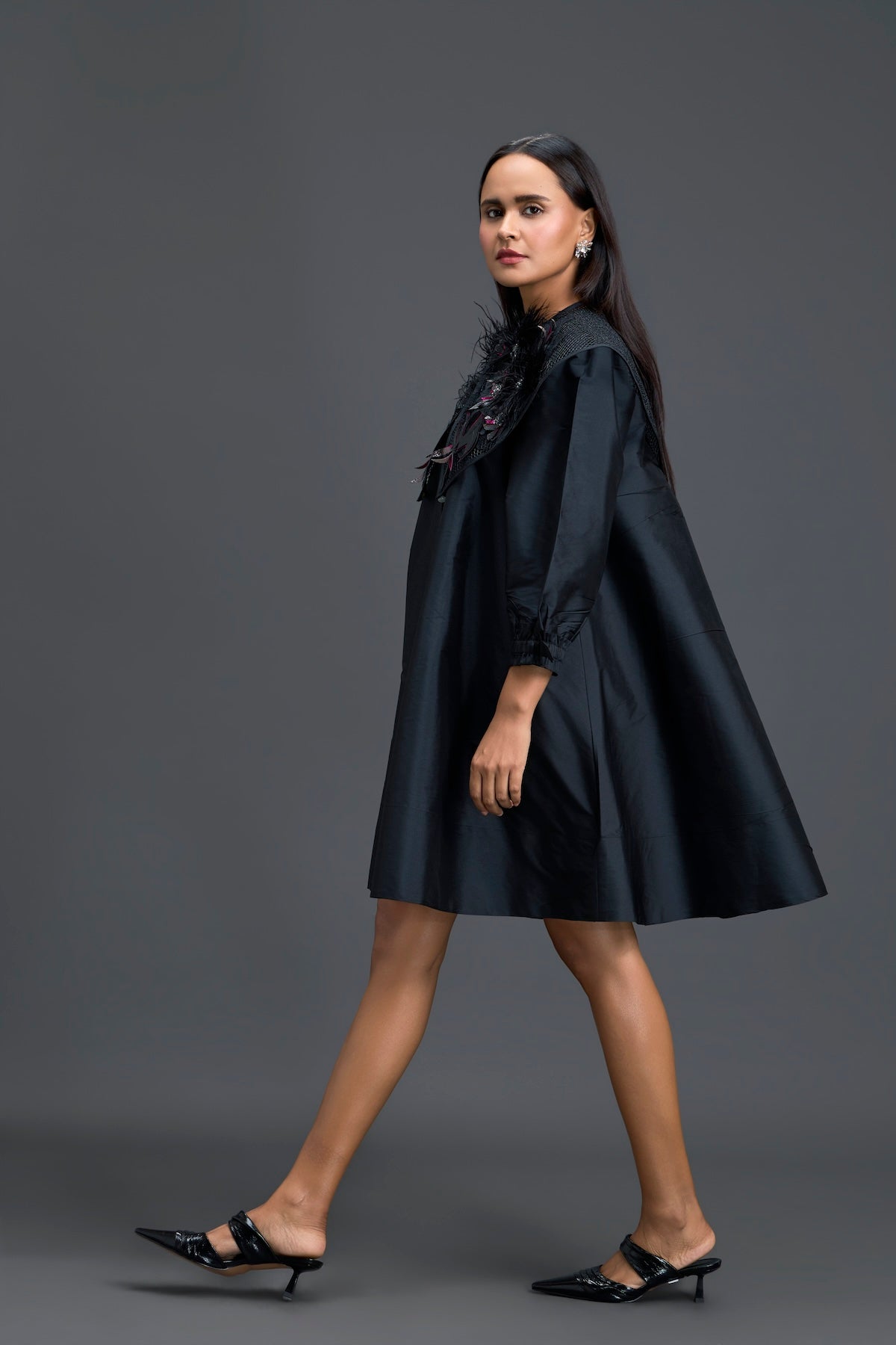 Black A-Line Dress with Feather Crystal Collar