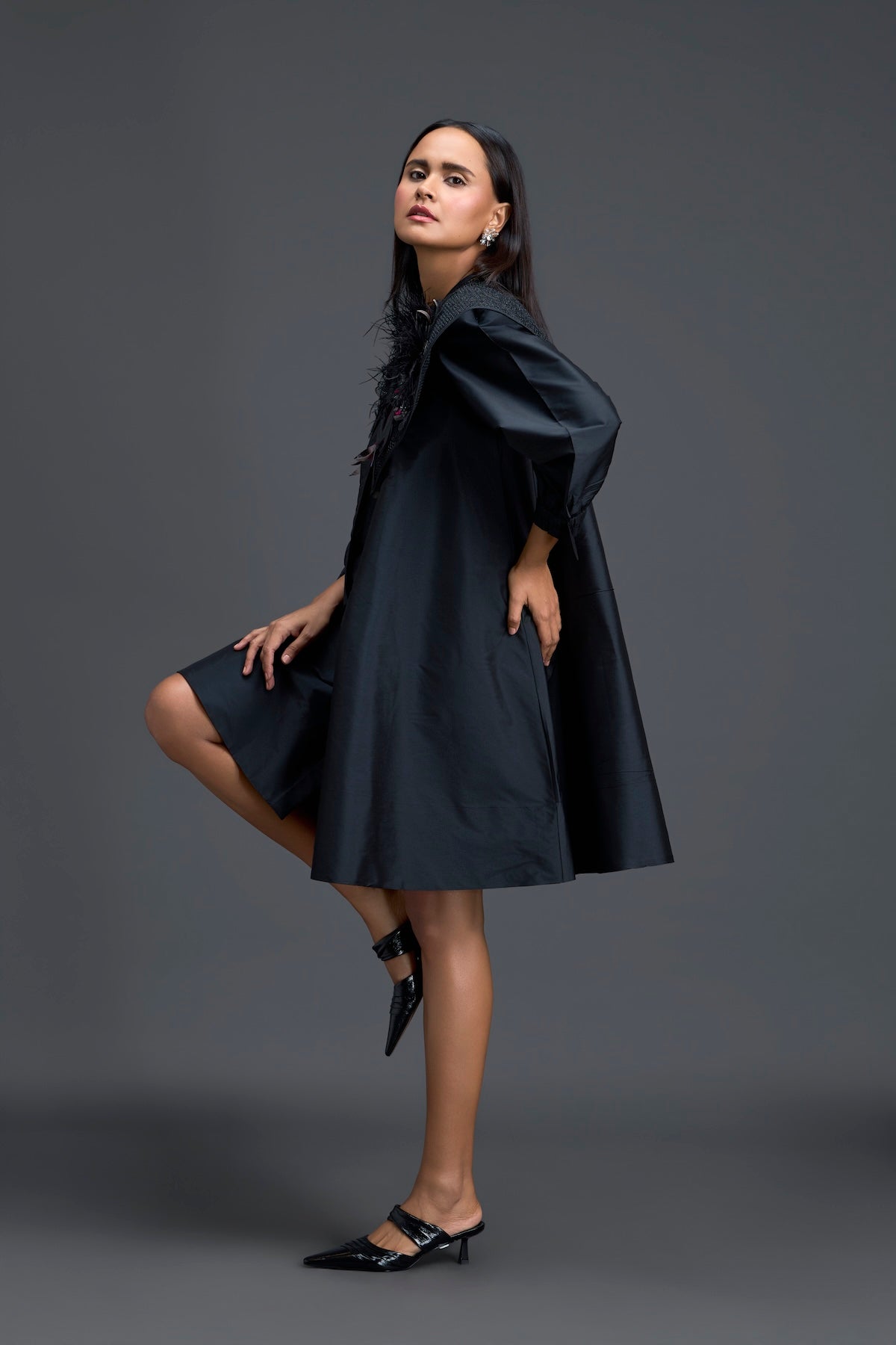 Black A-Line Dress with Feather Crystal Collar