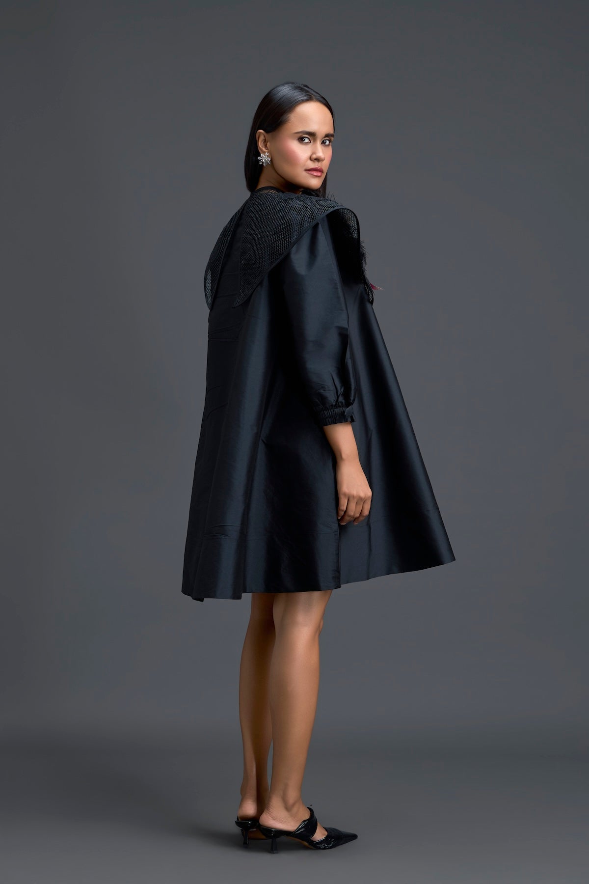 Black A-Line Dress with Feather Crystal Collar