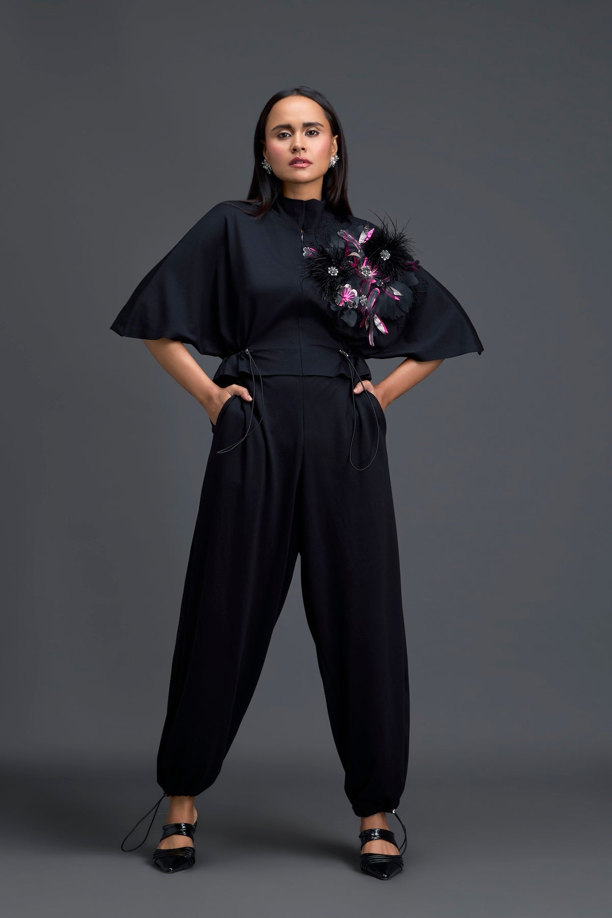 Black Feather Crystal Shoulder Jumpsuit