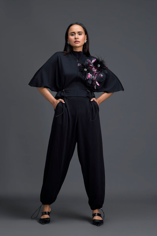 Black Feather Crystal Shoulder Jumpsuit