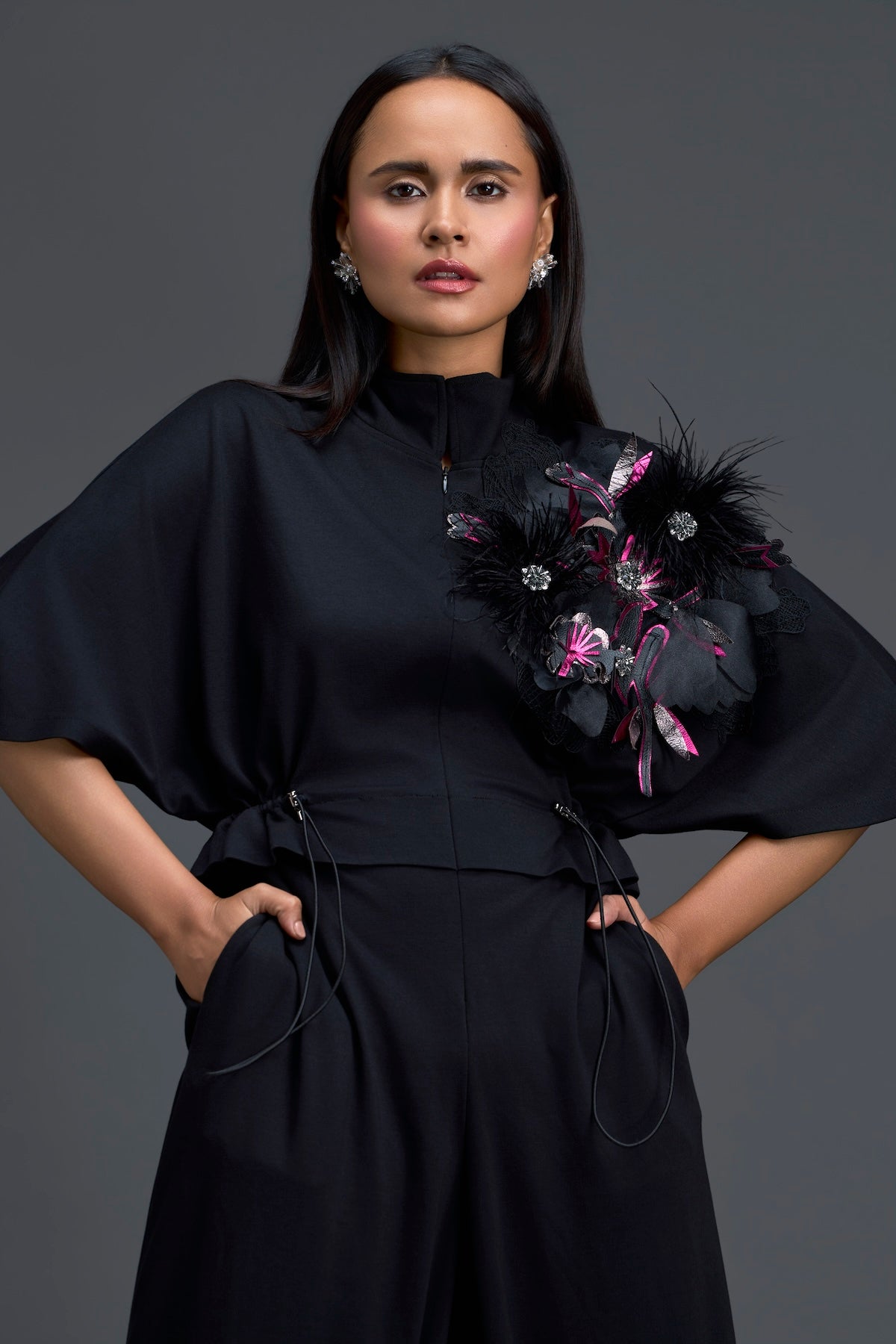 Black Feather Crystal Shoulder Jumpsuit