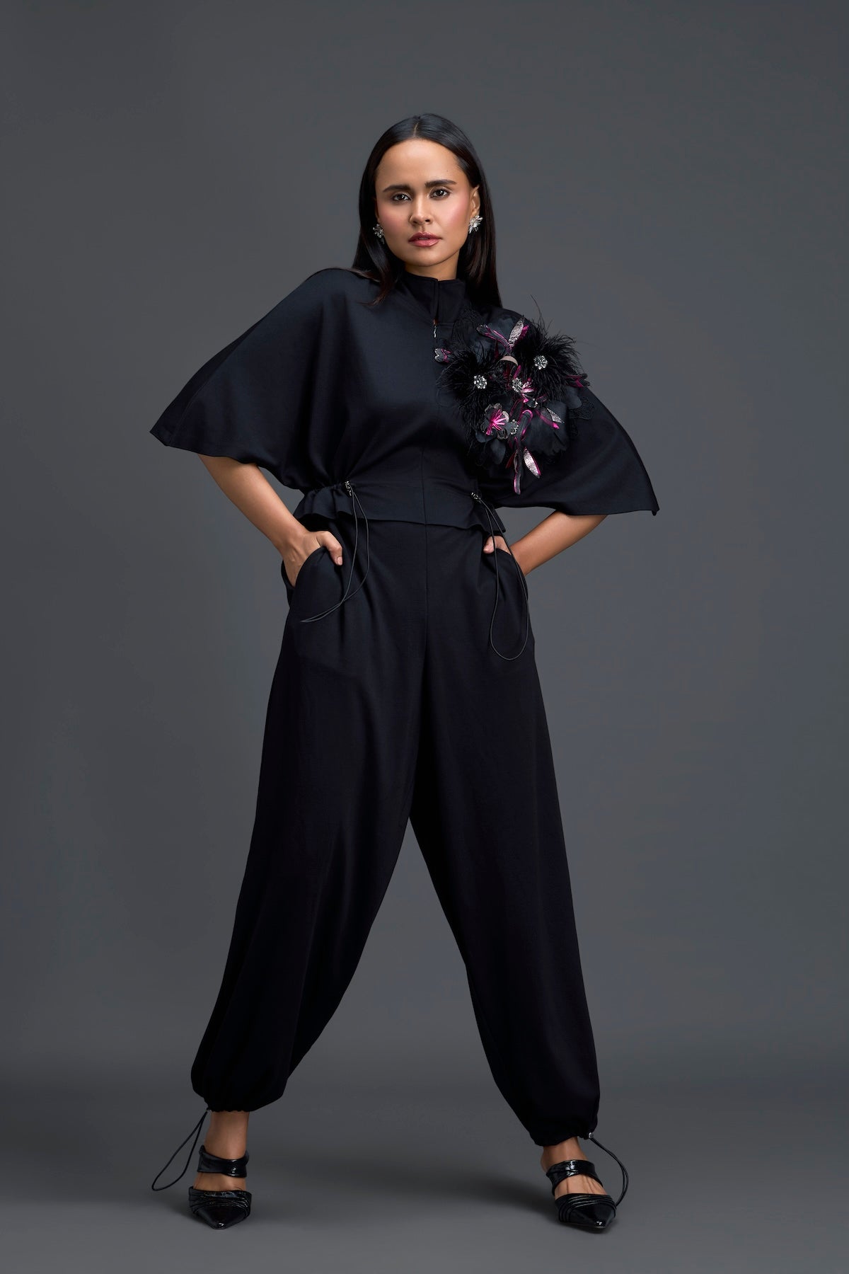 Black Feather Crystal Shoulder Jumpsuit