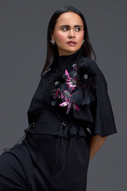 Black Feather Crystal Shoulder Jumpsuit