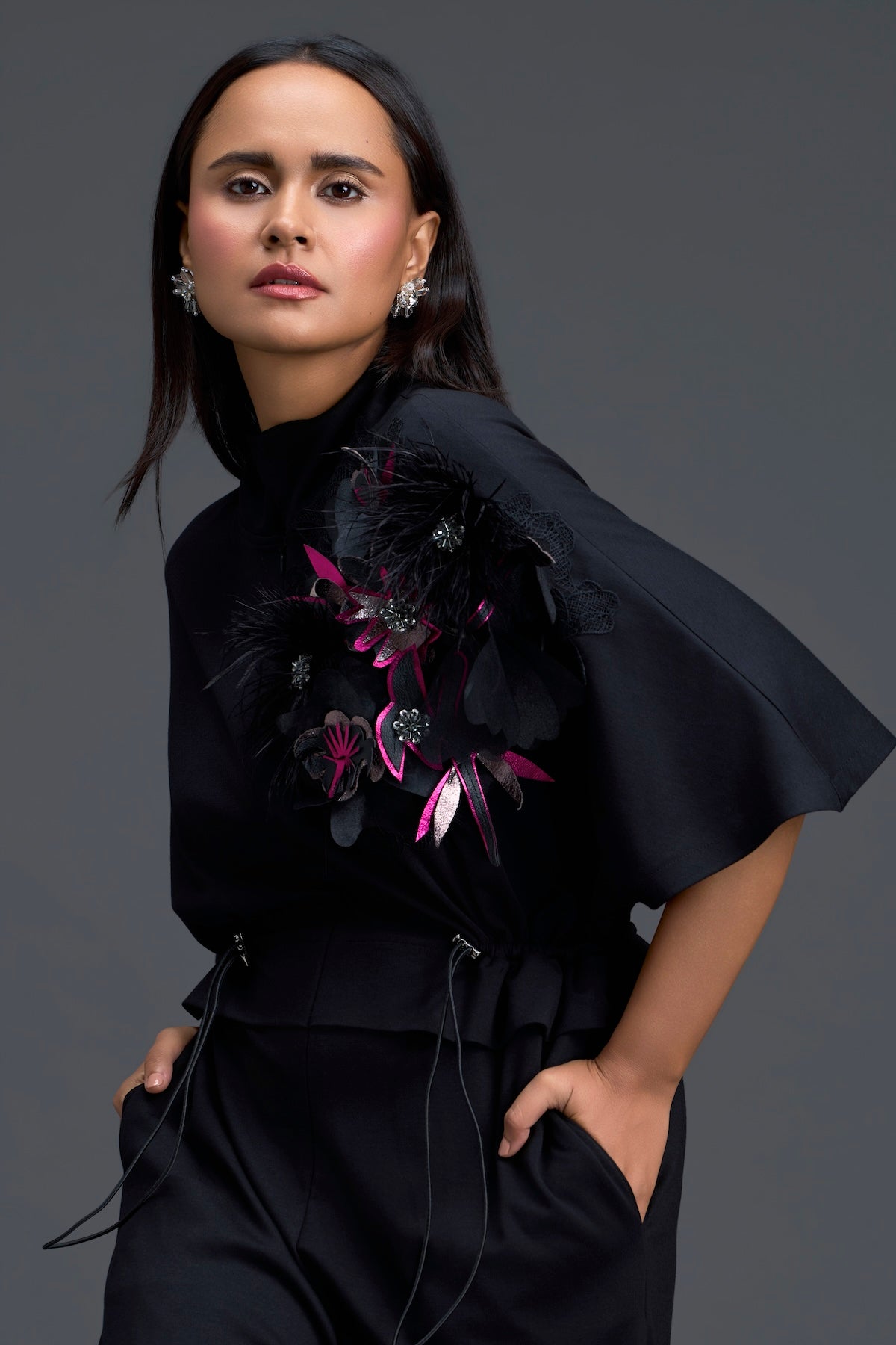 Black Feather Crystal Shoulder Jumpsuit