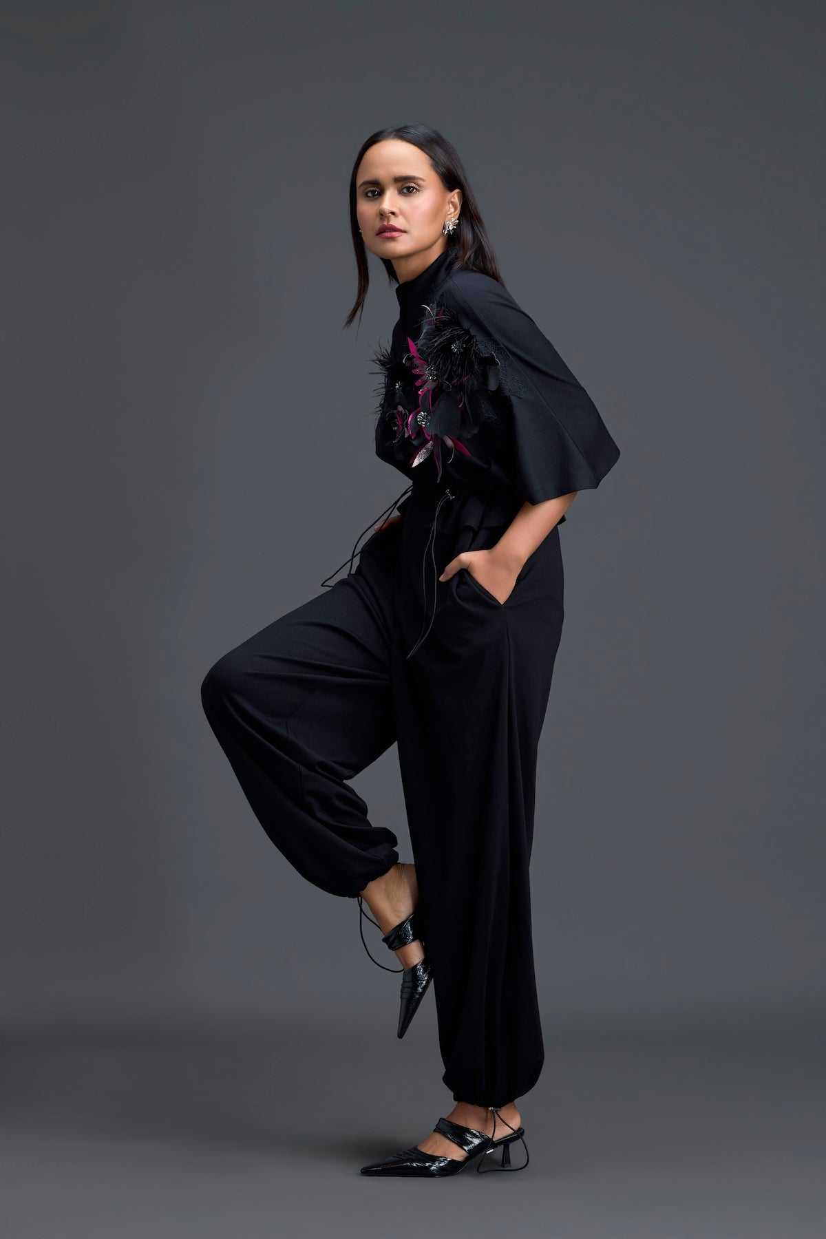 Black Feather Crystal Shoulder Jumpsuit