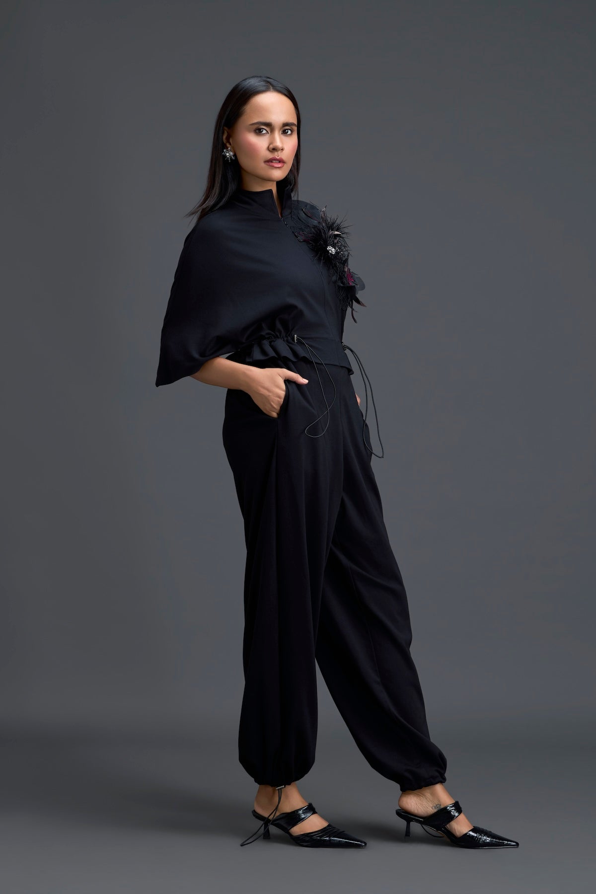 Black Feather Crystal Shoulder Jumpsuit