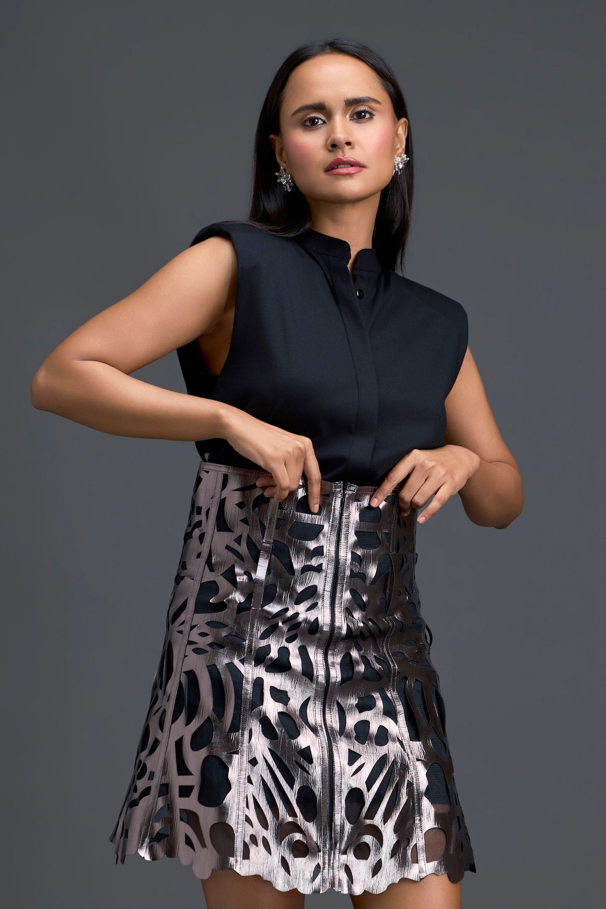 Black Top and Bronze Metallic Cutout Mini Skirt Set
