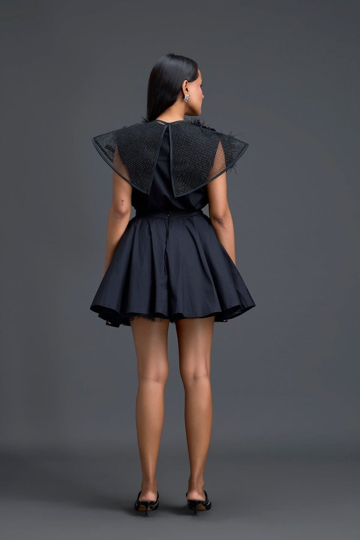 Black Dress with Oversized Feather Crystal Collar