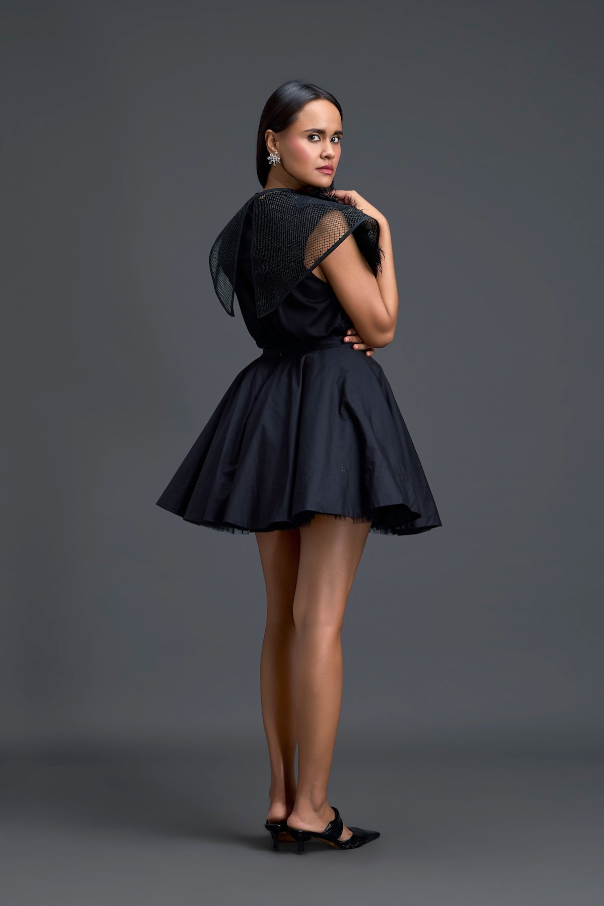 Black Dress with Oversized Feather Crystal Collar