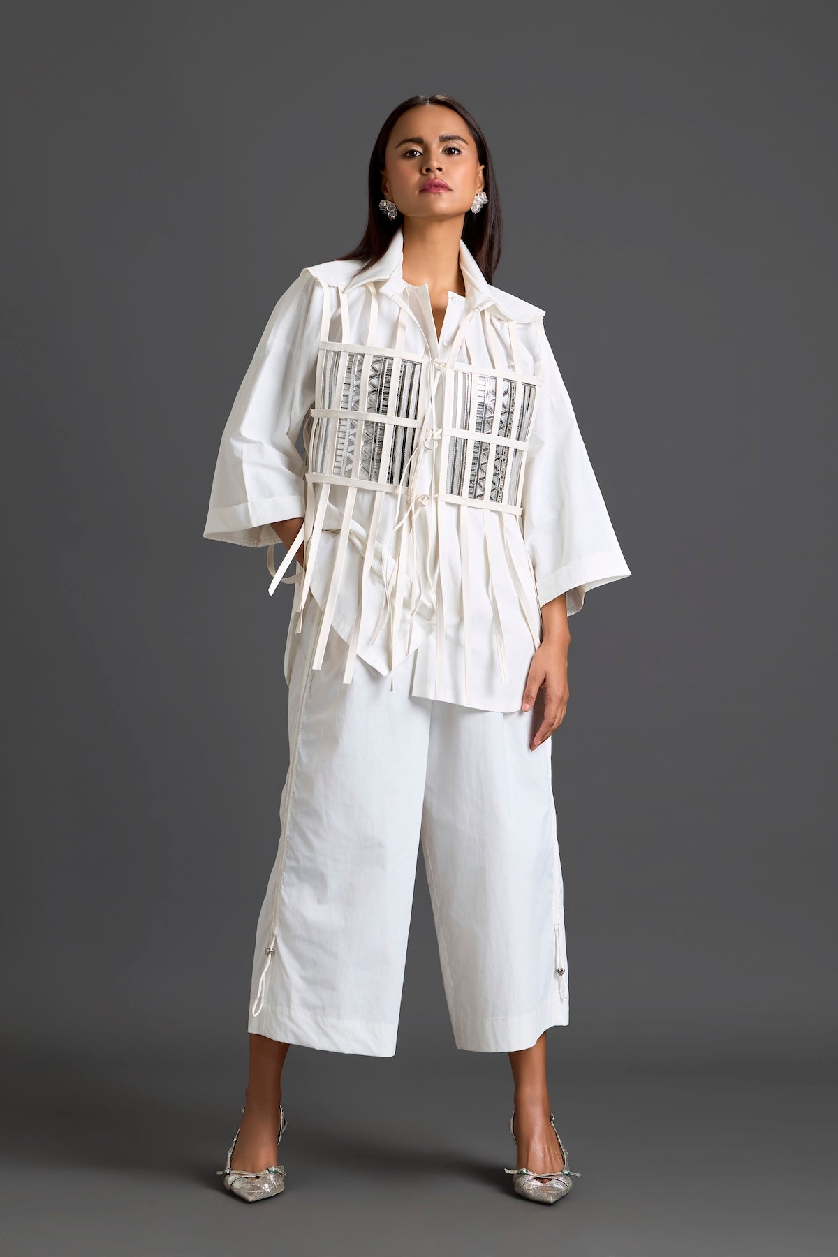 White Structured Cage Shirt and Wide-Leg Pants Set