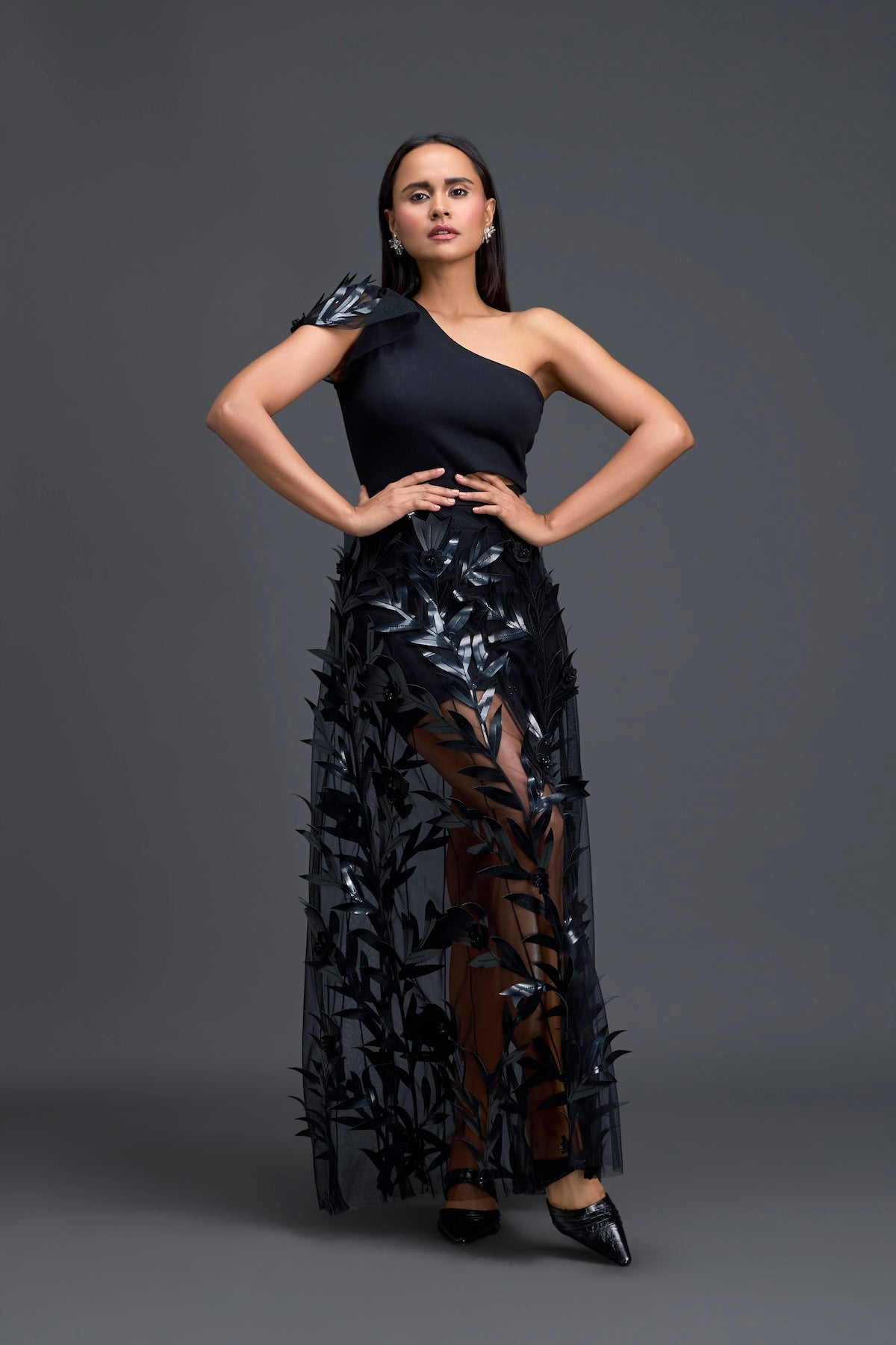 Black One-Shoulder Leaf Embroidered Sheer Skirt Set