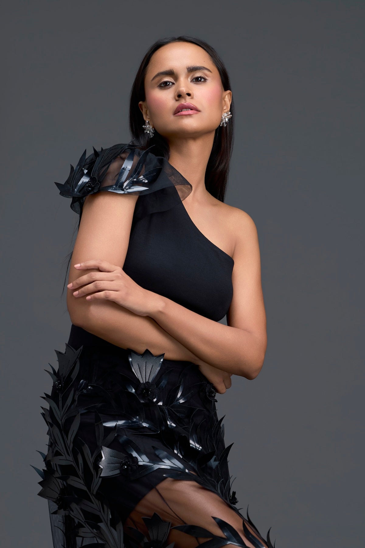 Black One-Shoulder Leaf Embroidered Sheer Skirt Set
