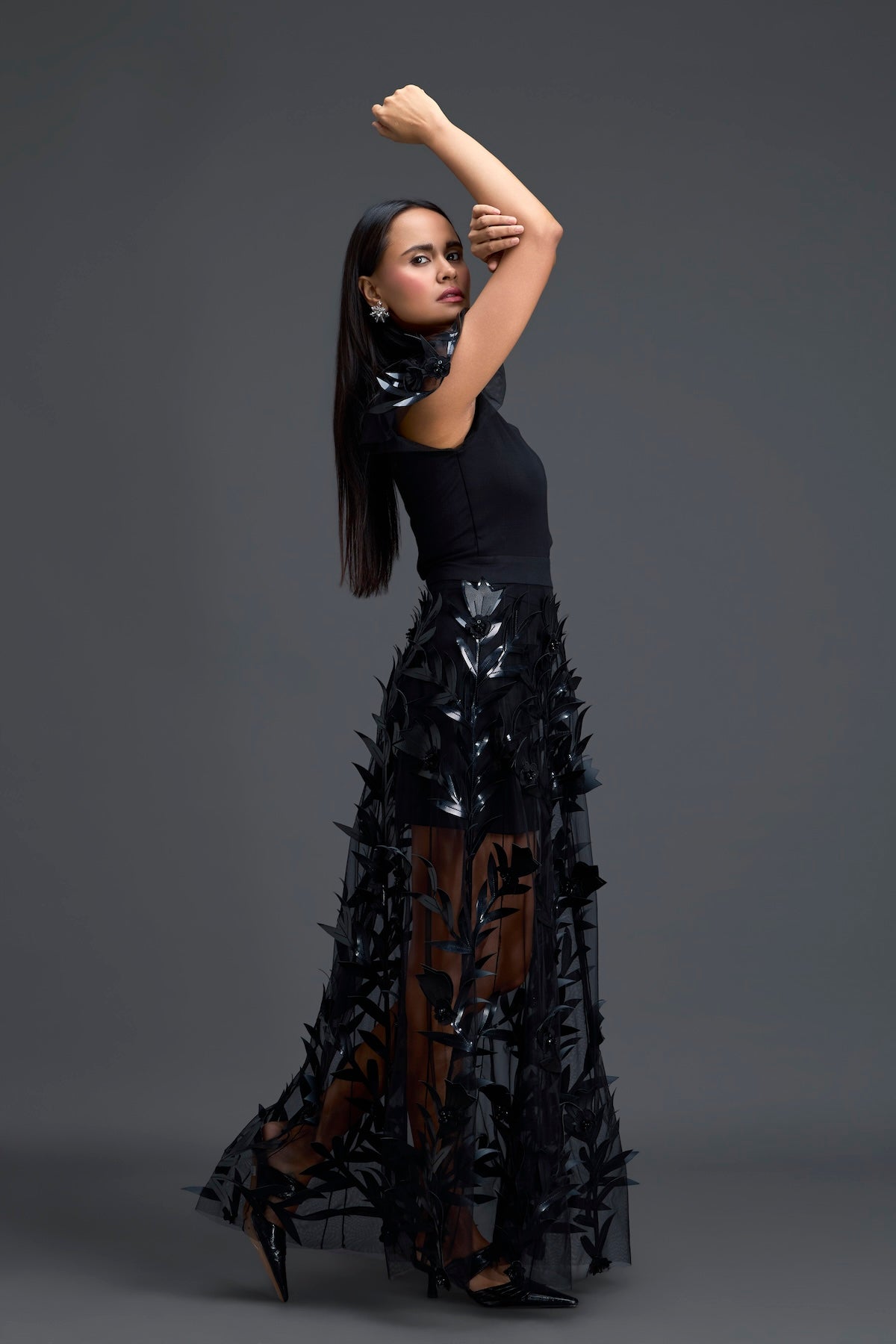 Black One-Shoulder Leaf Embroidered Sheer Skirt Set