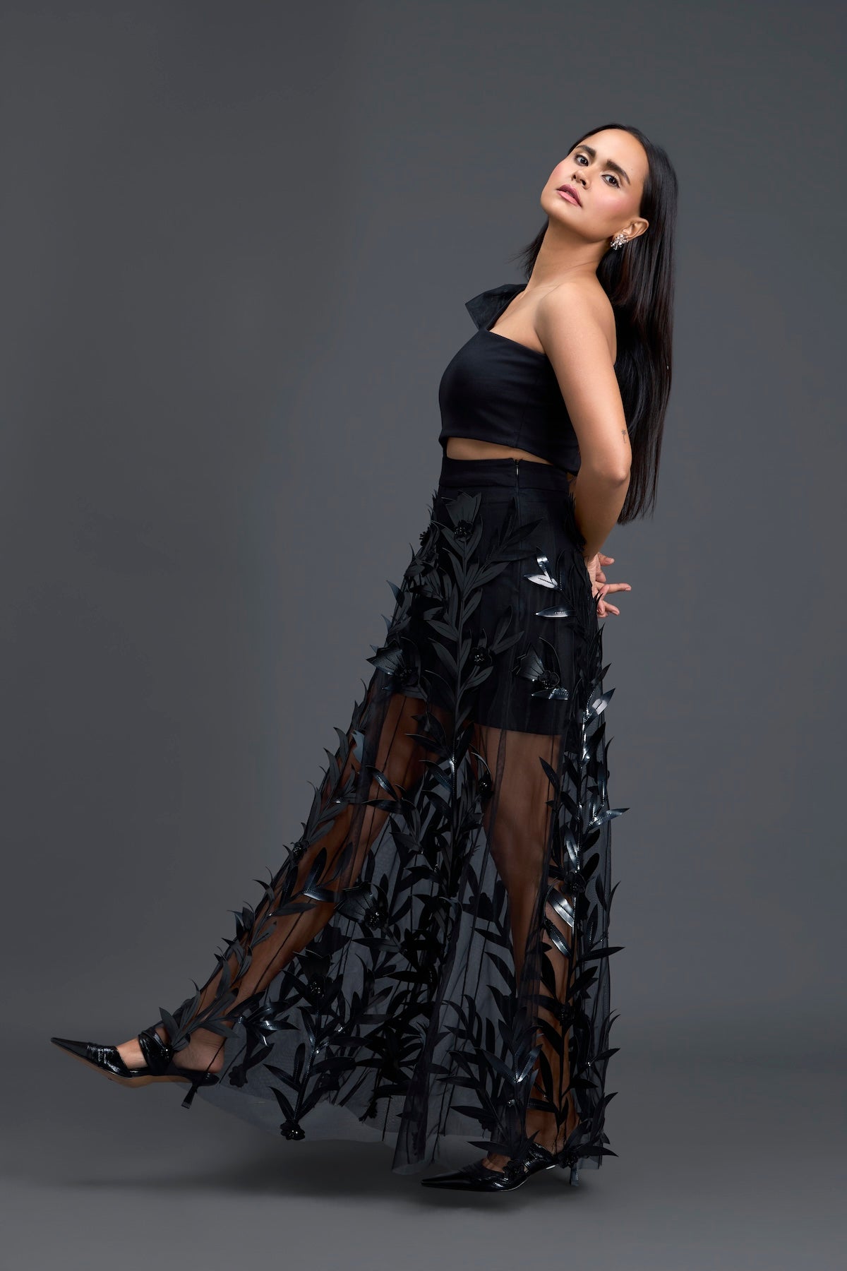 Black One-Shoulder Leaf Embroidered Sheer Skirt Set