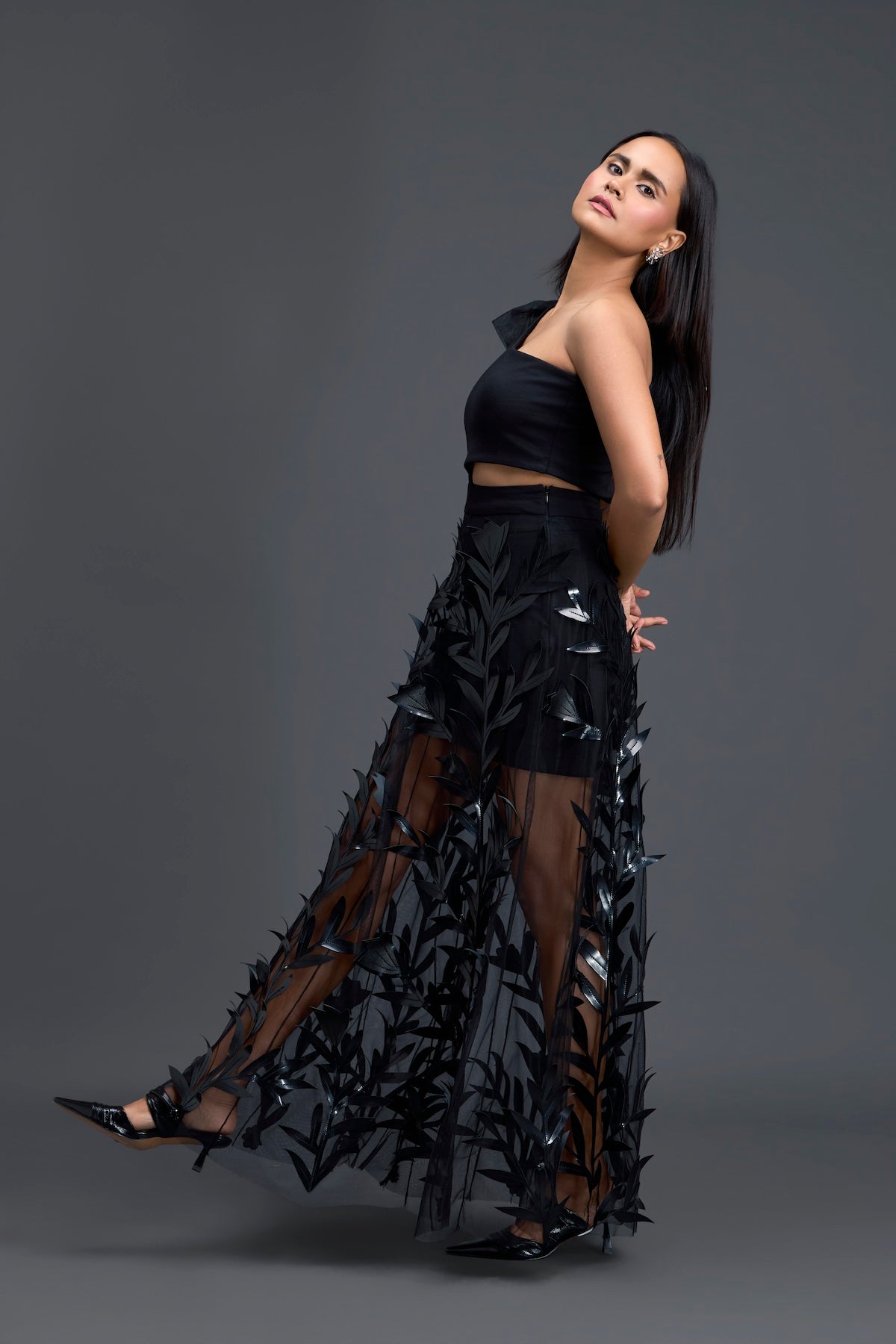 Black One-Shoulder Leaf Embroidered Sheer Skirt Set