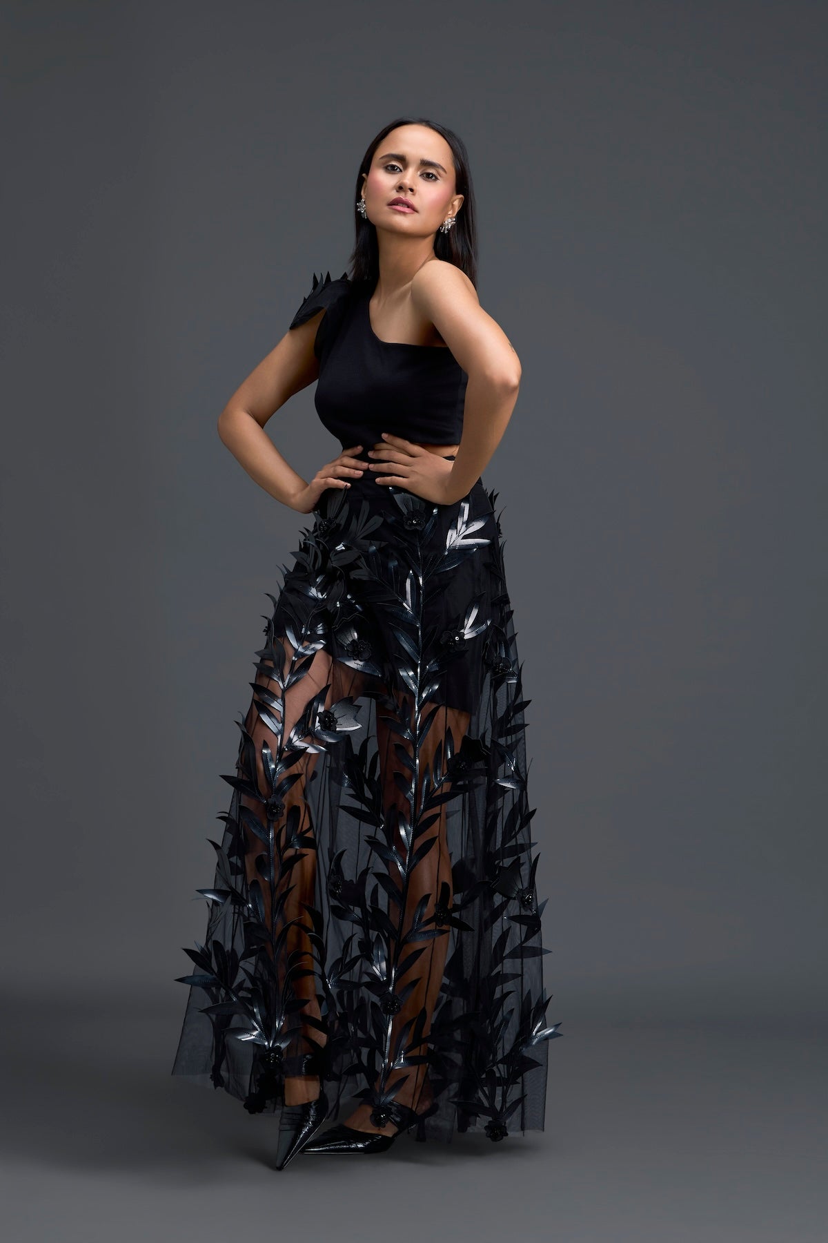 Black One-Shoulder Leaf Embroidered Sheer Skirt Set