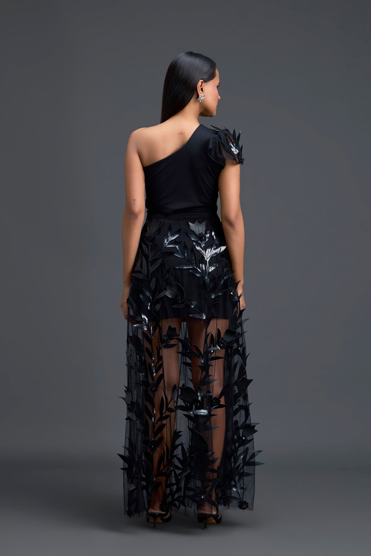 Black One-Shoulder Leaf Embroidered Sheer Skirt Set