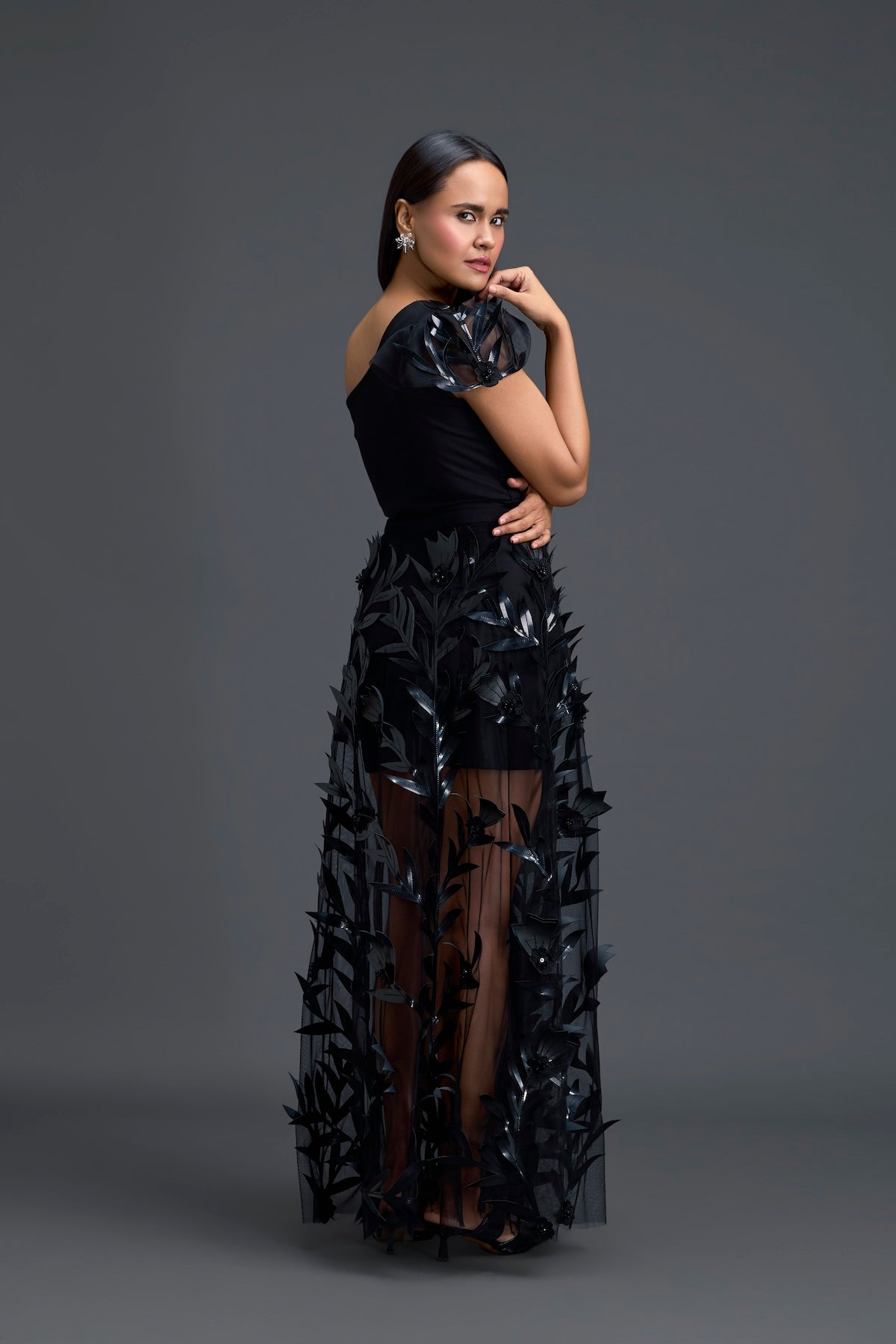 Black One-Shoulder Leaf Embroidered Sheer Skirt Set