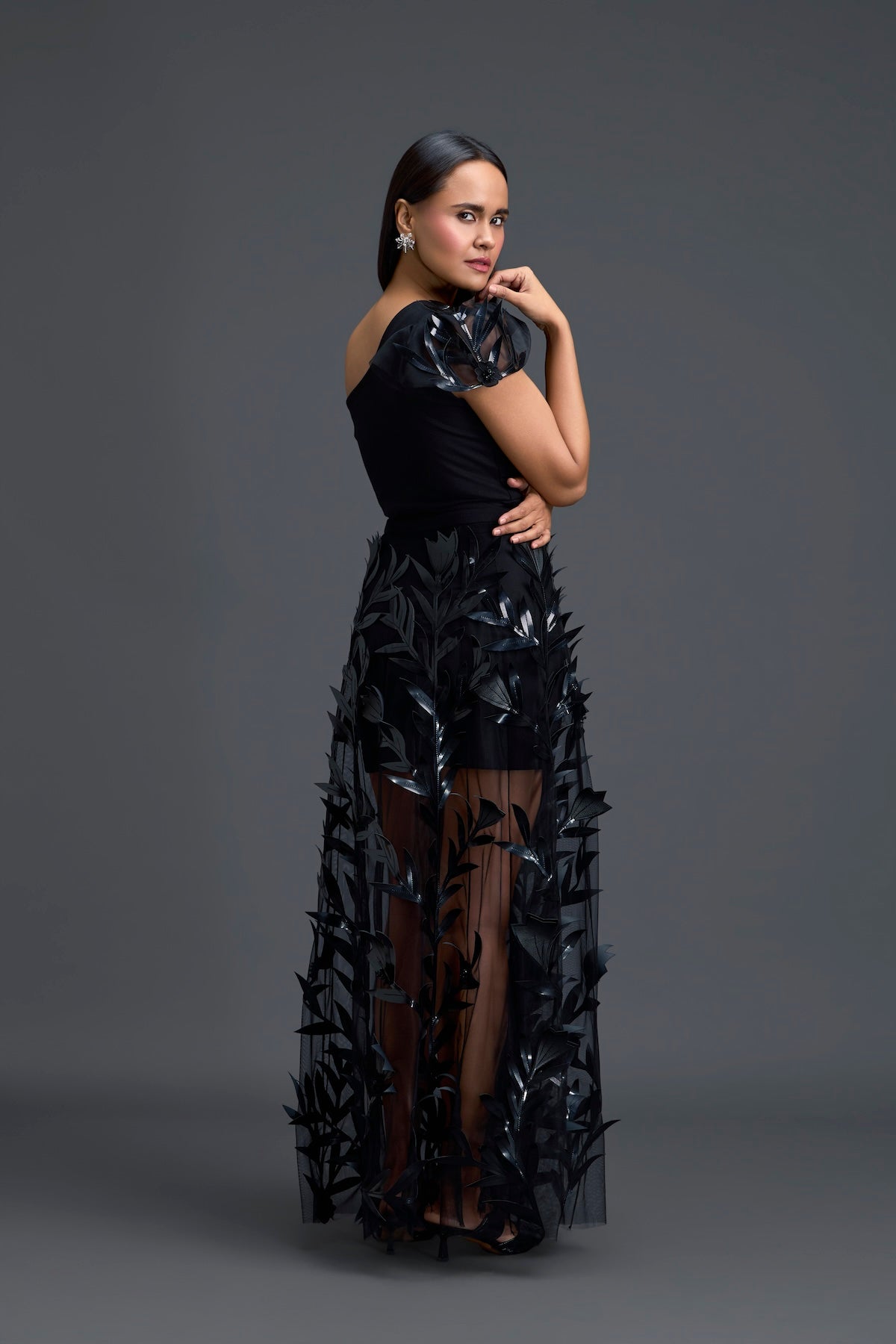 Black One-Shoulder Leaf Embroidered Sheer Skirt Set