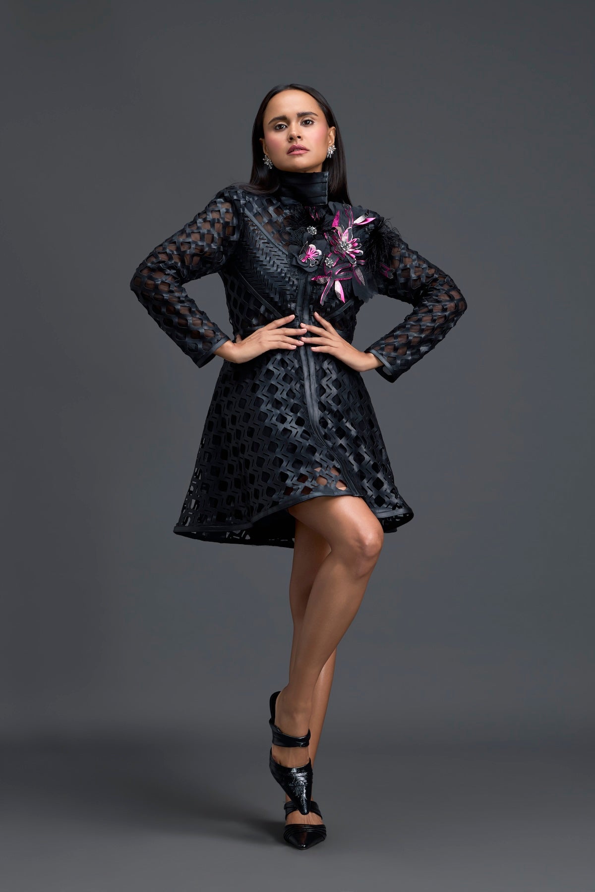 Black Lattice Mini Dress with Floral Shoulder Accent