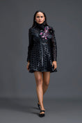 Load image into Gallery viewer, Black Lattice Mini Dress with Floral Shoulder Accent
