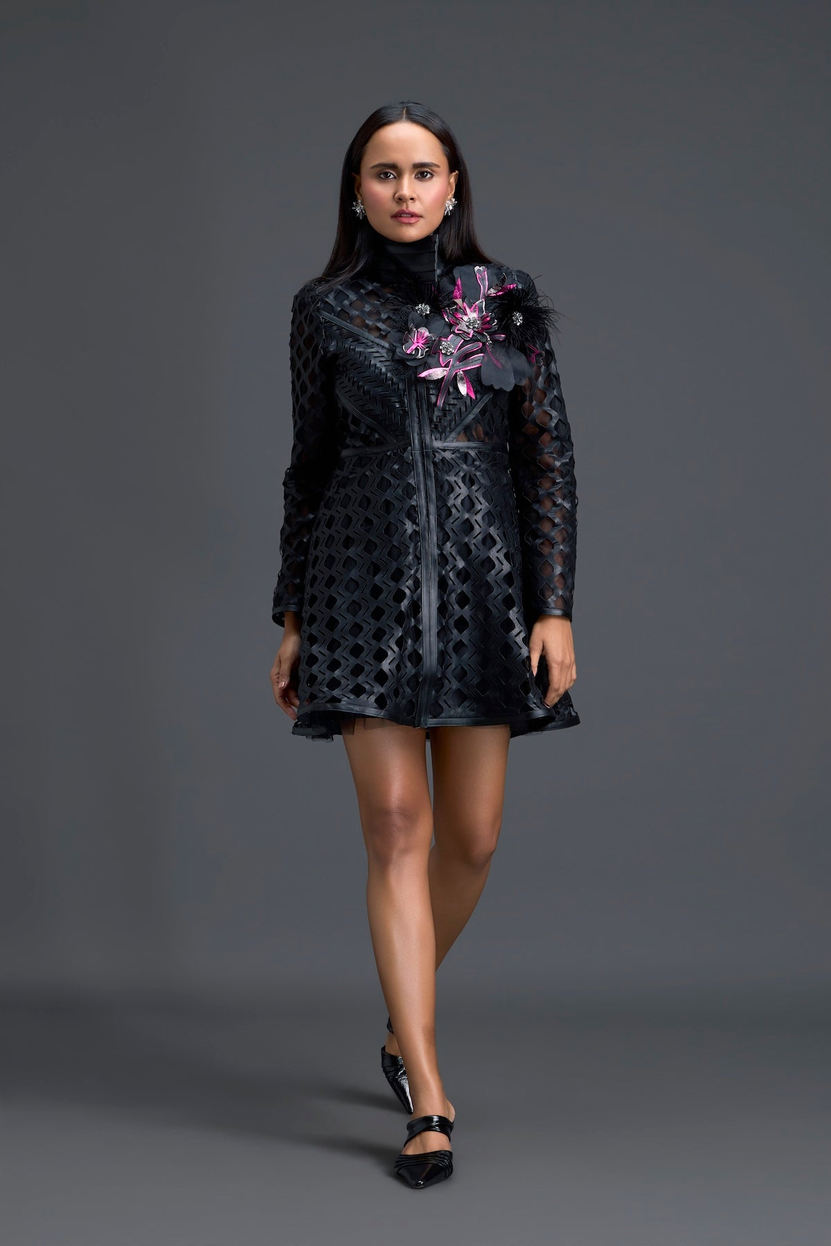 Black Lattice Mini Dress with Floral Shoulder Accent