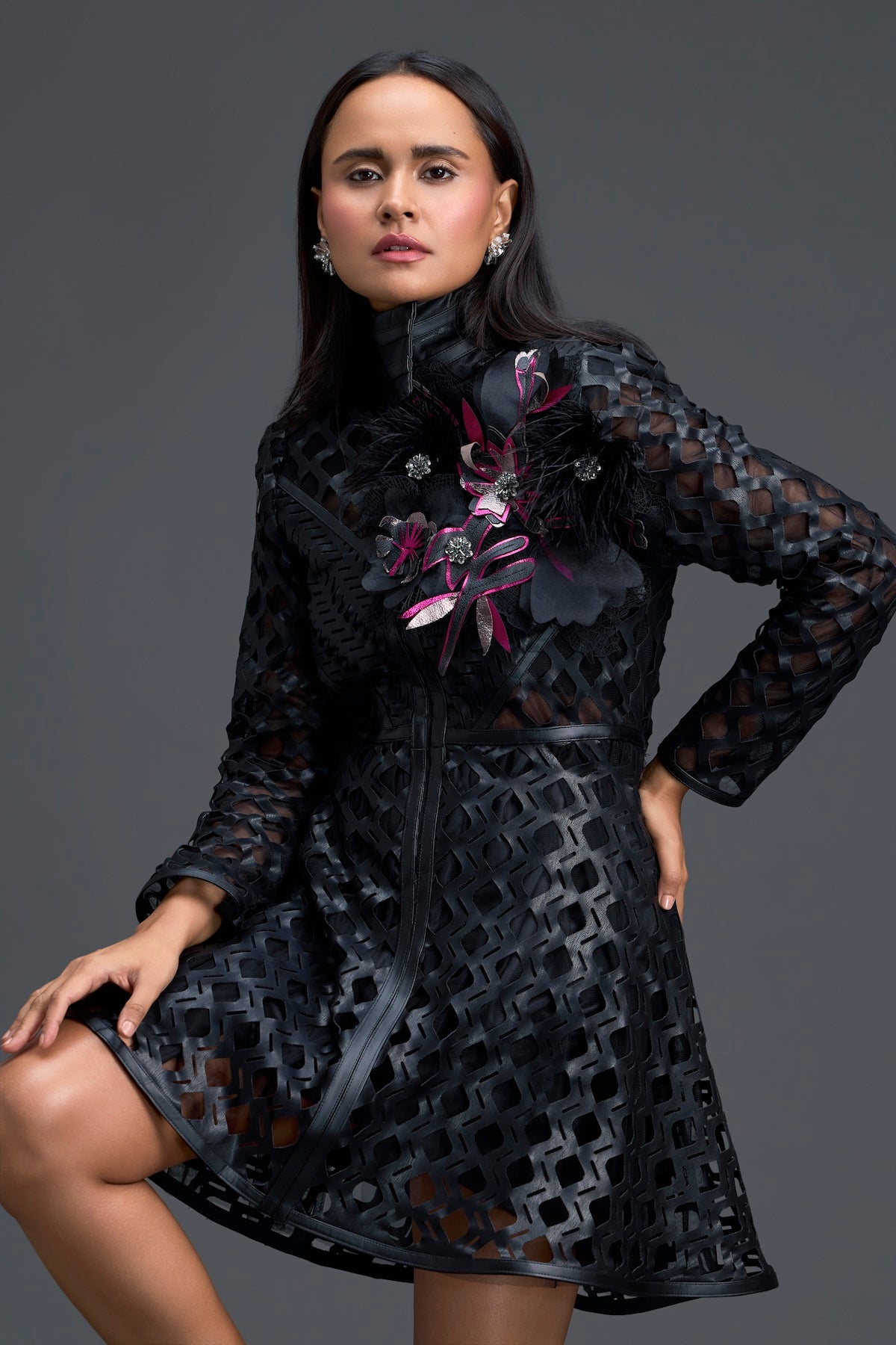 Black Lattice Mini Dress with Floral Shoulder Accent