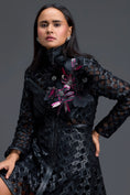 Load image into Gallery viewer, Black Lattice Mini Dress with Floral Shoulder Accent
