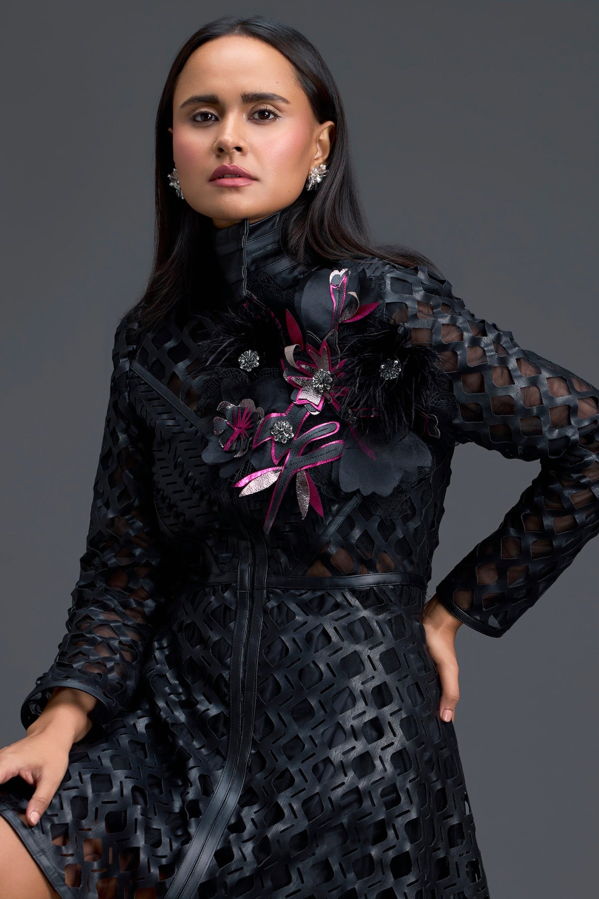 Black Lattice Mini Dress with Floral Shoulder Accent