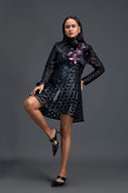 Load image into Gallery viewer, Black Lattice Mini Dress with Floral Shoulder Accent
