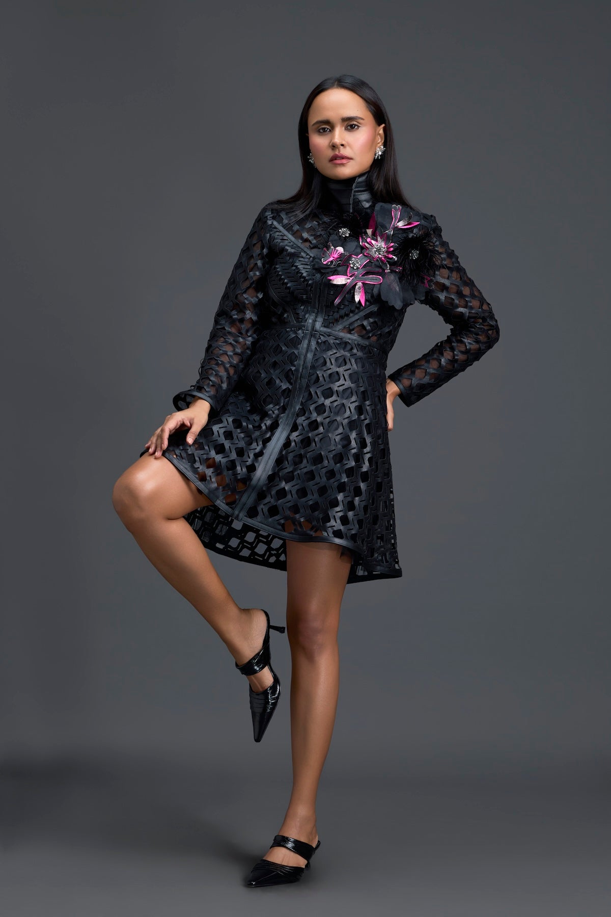 Black Lattice Mini Dress with Floral Shoulder Accent