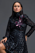 Load image into Gallery viewer, Black Lattice Mini Dress with Floral Shoulder Accent

