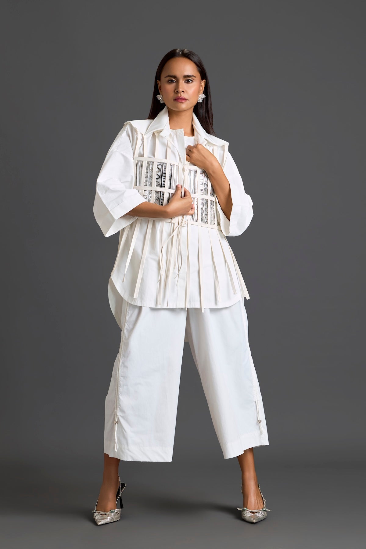 White Structured Cage Shirt and Wide-Leg Pants Set
