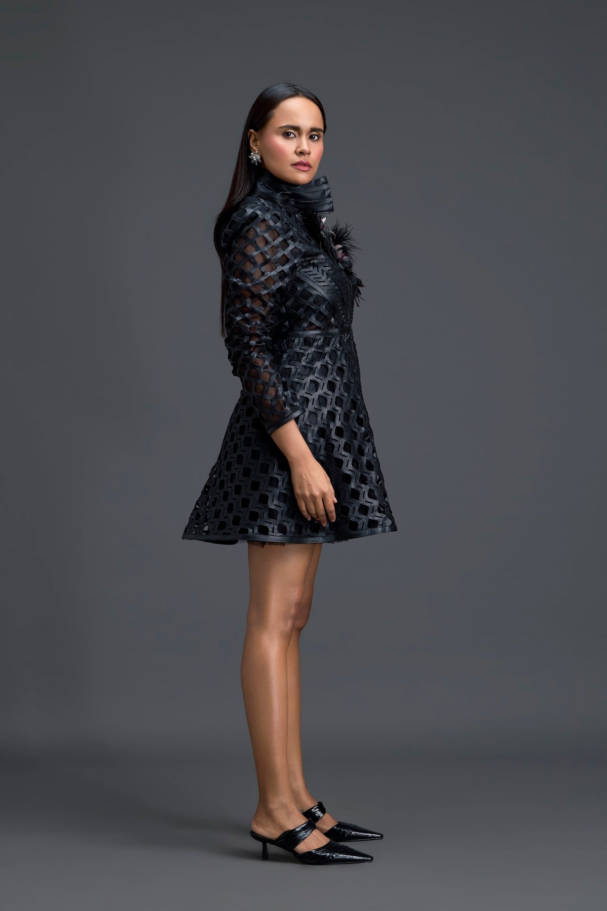 Black Lattice Mini Dress with Floral Shoulder Accent