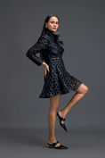 Load image into Gallery viewer, Black Lattice Mini Dress with Floral Shoulder Accent
