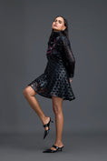 Load image into Gallery viewer, Black Lattice Mini Dress with Floral Shoulder Accent
