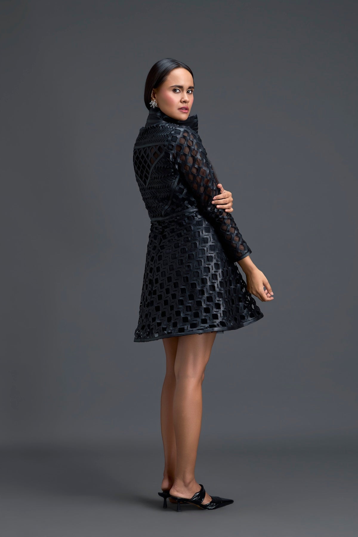 Black Lattice Mini Dress with Floral Shoulder Accent