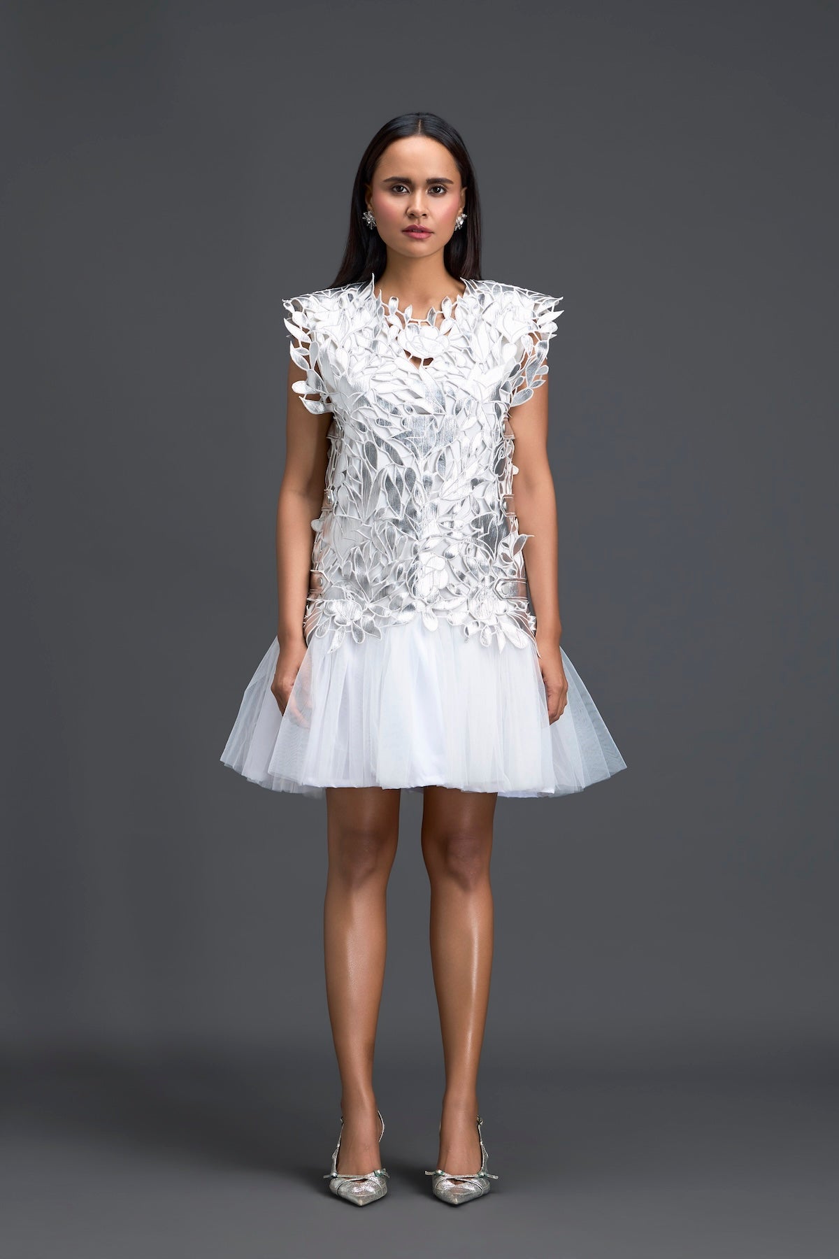 White Tulle Dress with Silver Floral Appliqué