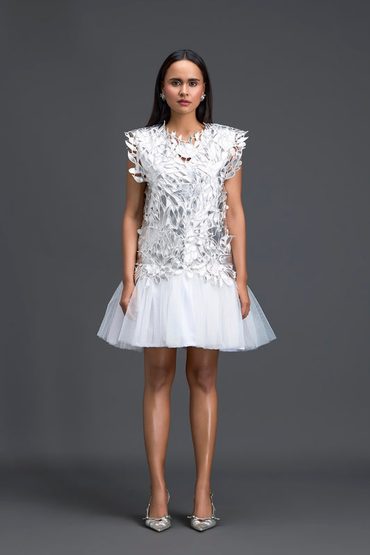 White Tulle Dress with Silver Floral Appliqué