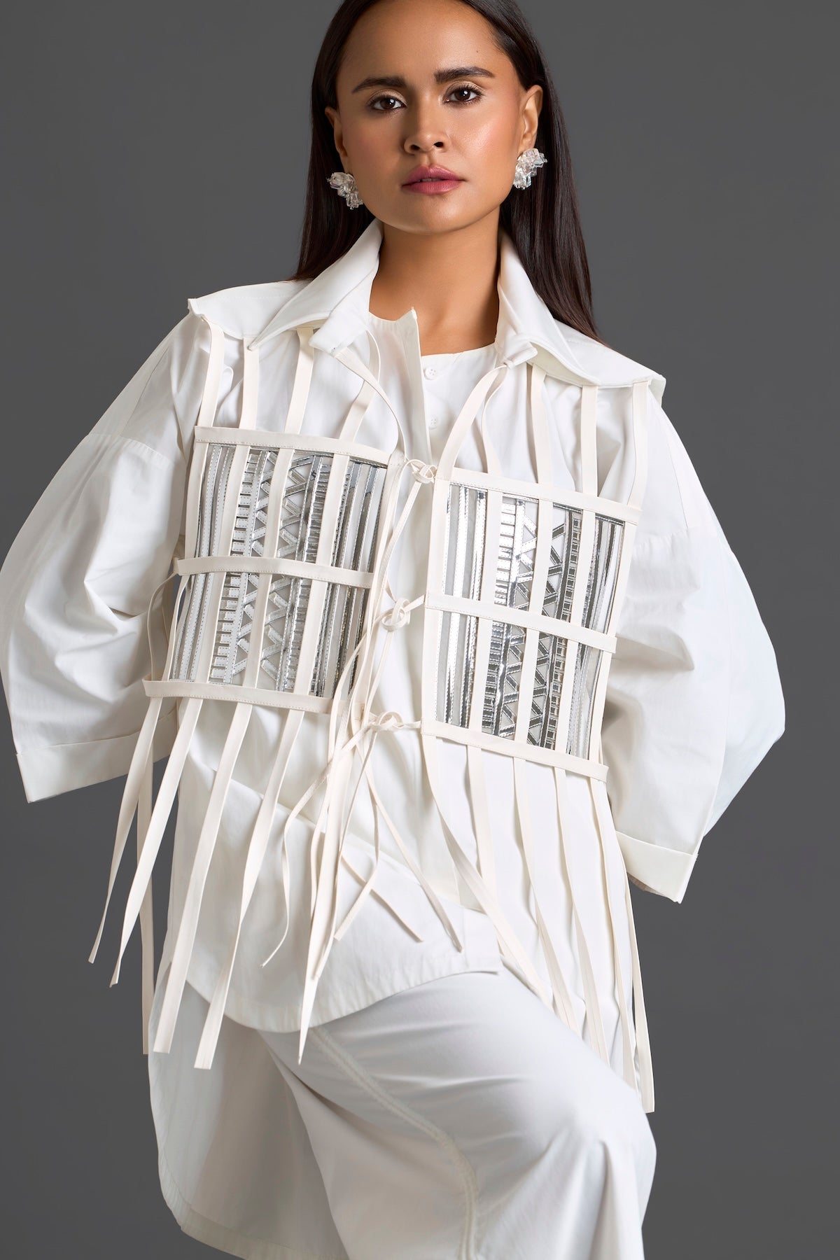 White Structured Cage Shirt and Wide-Leg Pants Set