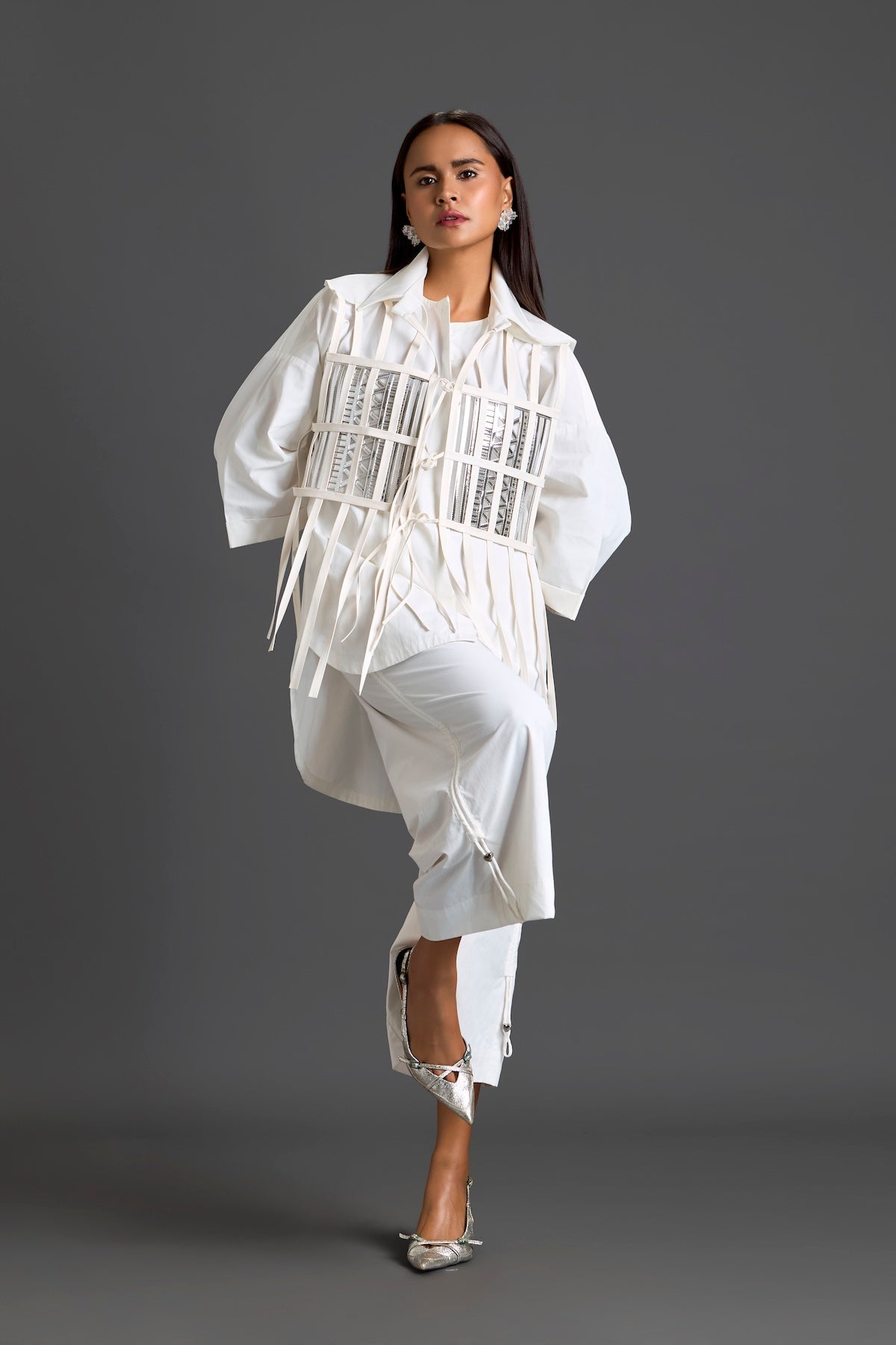 White Structured Cage Shirt and Wide-Leg Pants Set