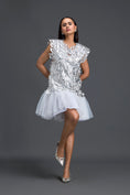 Load image into Gallery viewer, White Tulle Dress with Silver Floral Appliqué
