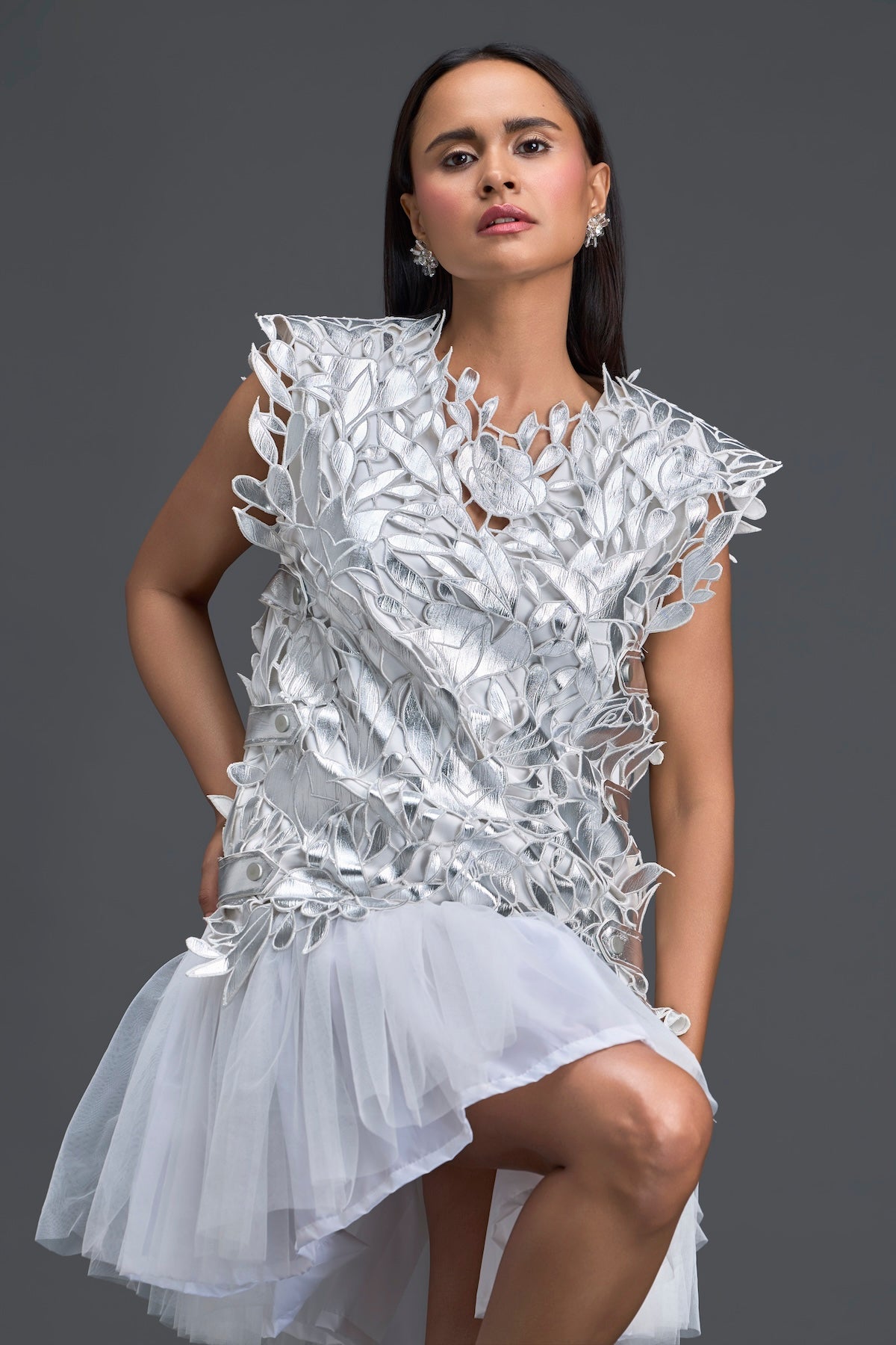 White Tulle Dress with Silver Floral Appliqué
