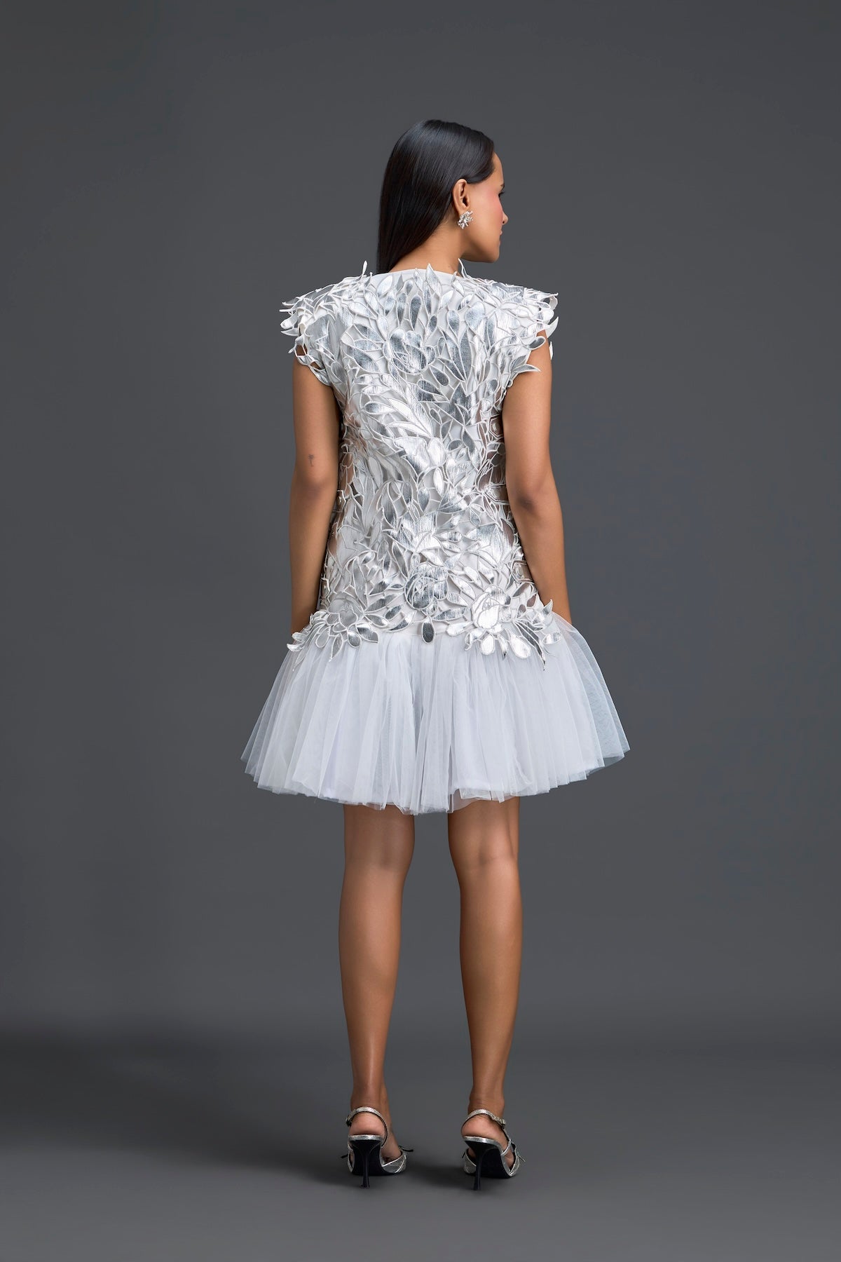 White Tulle Dress with Silver Floral Appliqué