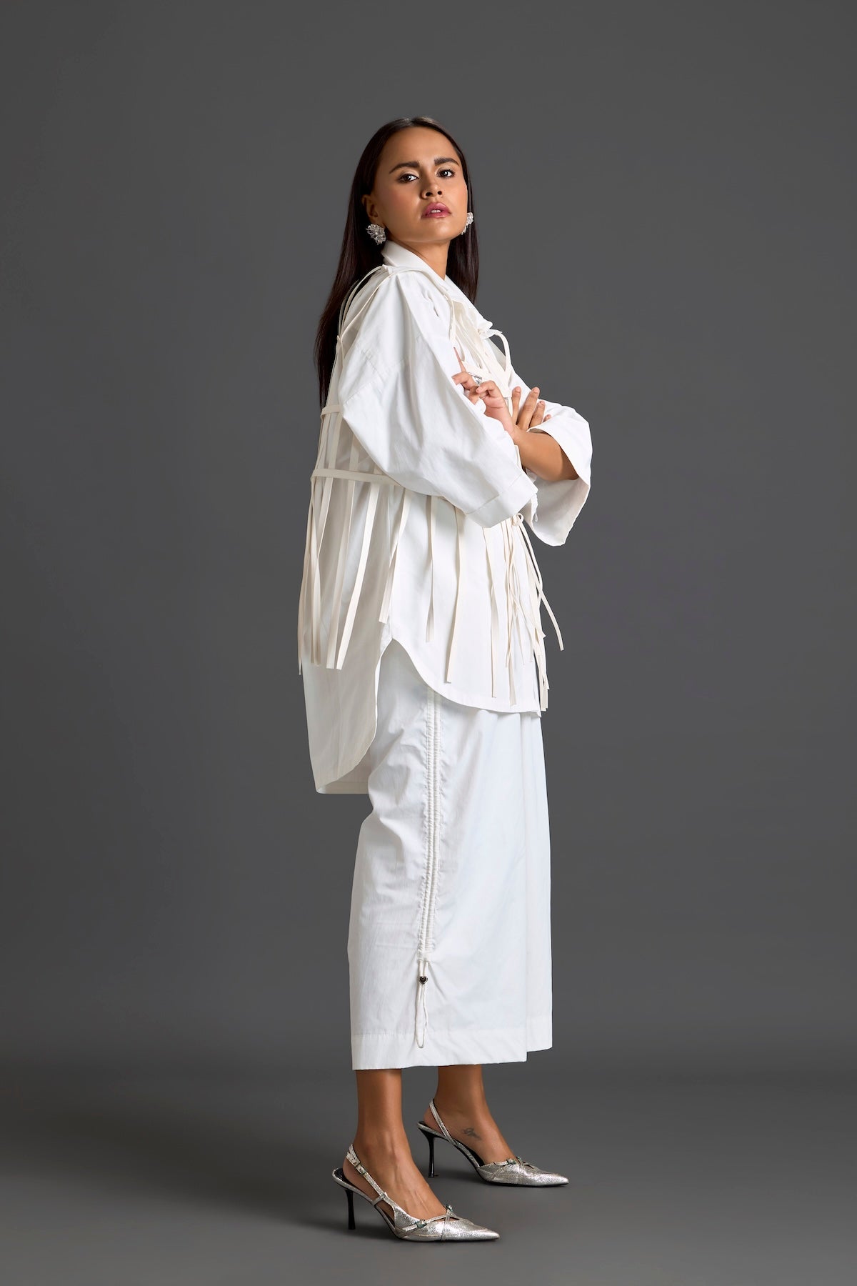 White Structured Cage Shirt and Wide-Leg Pants Set