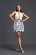 Load image into Gallery viewer, White Halter Crop Top and Silver Floral Mini Skirt
